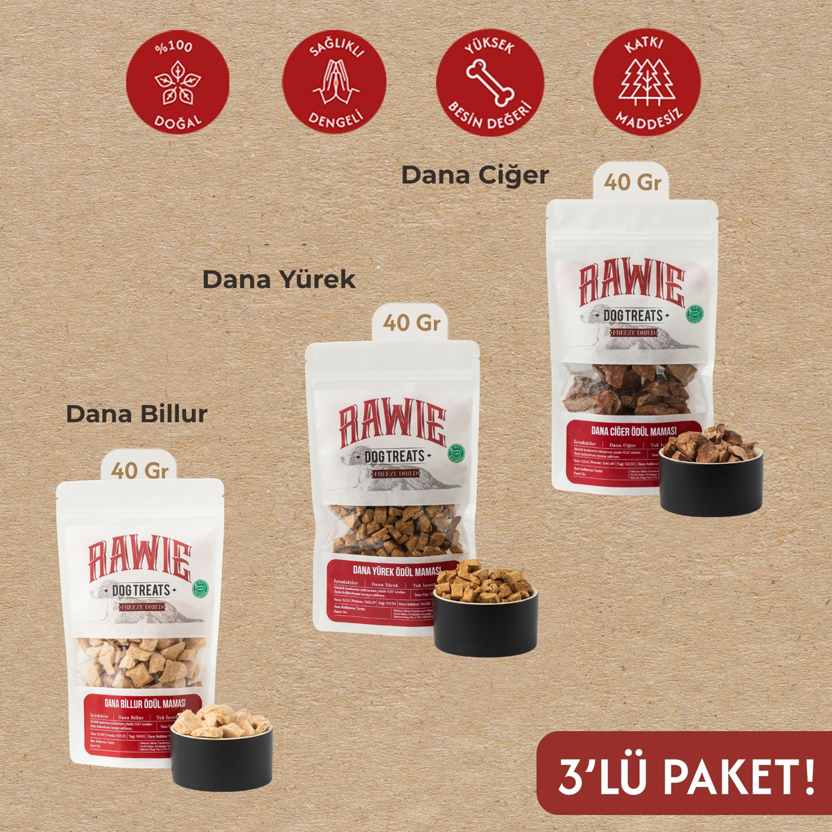 3'lü Paket Dana Ciğer, Dana Yürek & Dana Billur Köpek Ödül Maması