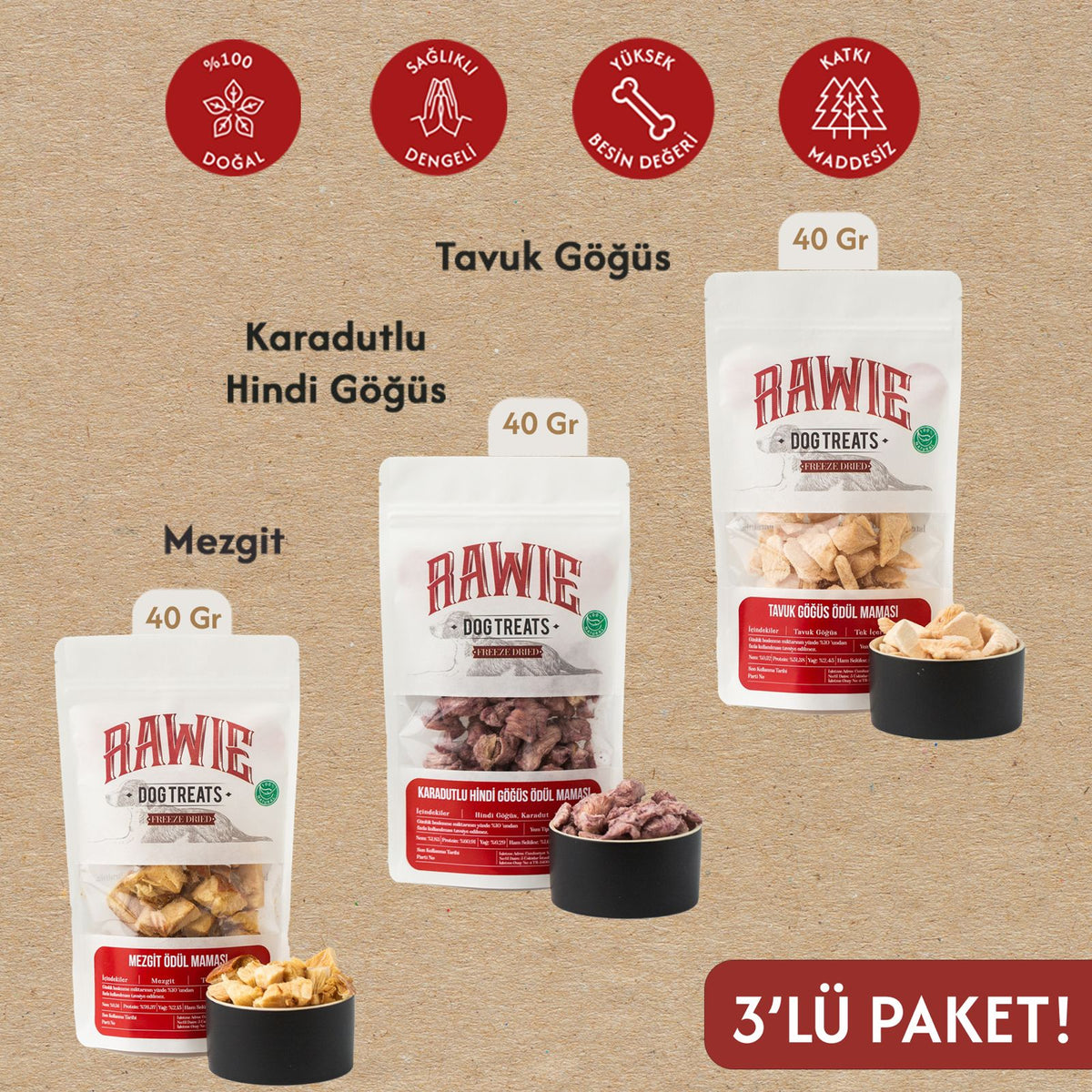 3'lü Paket Mezgit, Tavuk Göğüs & Karadutlu Hindi Göğüs Köpek Ödül Maması