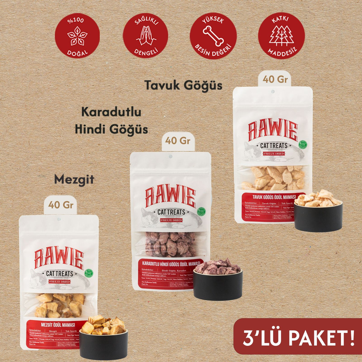 3'lü Paket Mezgit, Tavuk Göğüs & Karadutlu Hindi Göğüs Kedi Ödül Maması