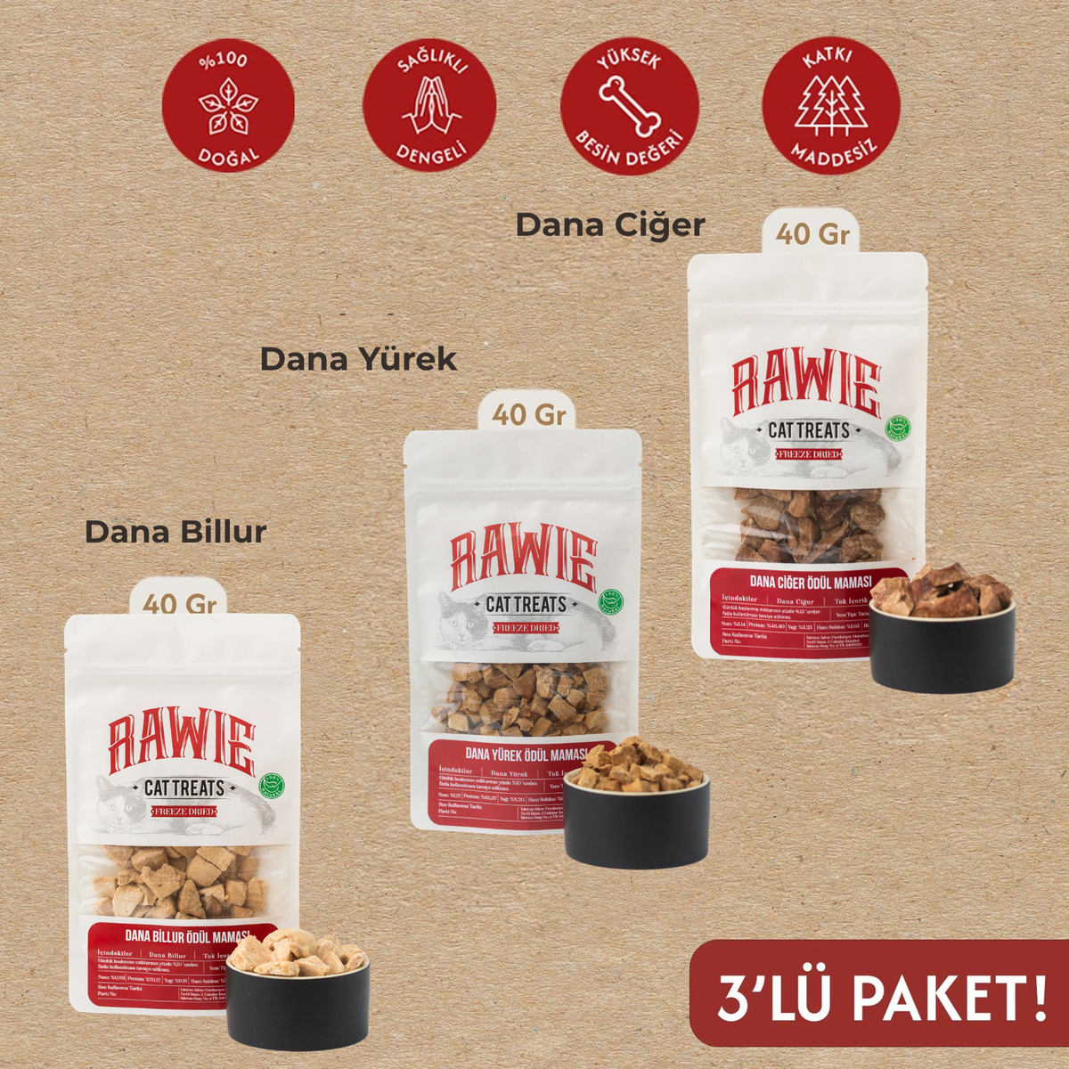 3'lü Paket Dana Ciğer, Dana Yürek & Dana Billur Kedi Ödül Maması